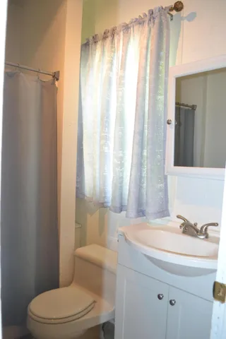 a bathroom with a sink a toilet a mirror and shower curtain