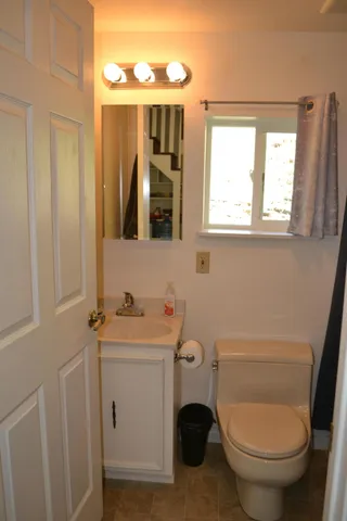 a bathroom with a toilet sink and mirror