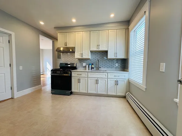 a large kitchen with cabinets a sink a window and stainless steel appliances