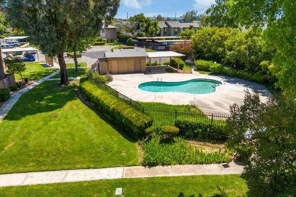 a view of a swimming pool with a garden