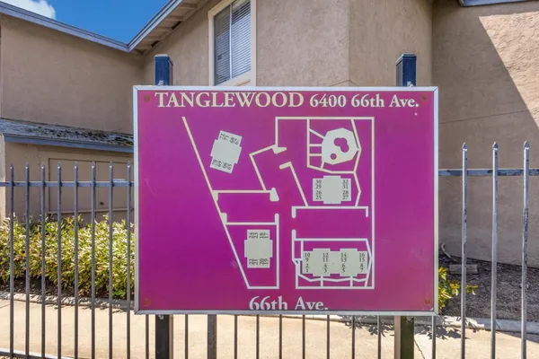 a view of a red sign board