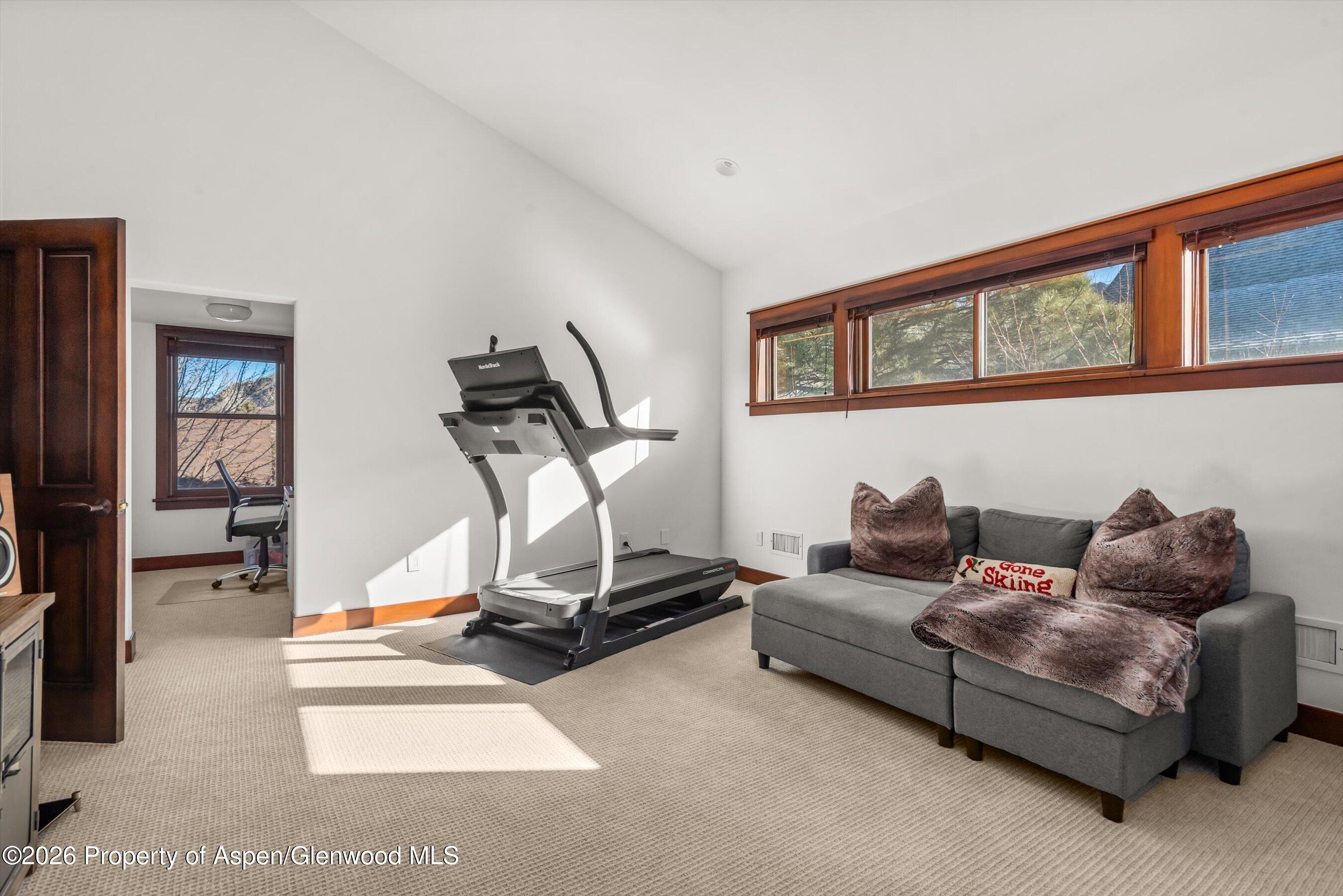 410 Meadow Court Basalt, CO 81621 - Photo 22 of 30 a living room with furniture gym equipment and a flat screen tv