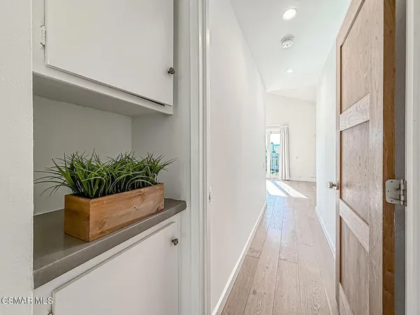 a view of a hallway with a potted plant on the counter