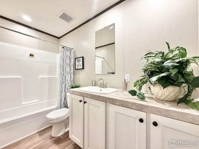 a bathroom with a granite countertop sink a toilet and shower