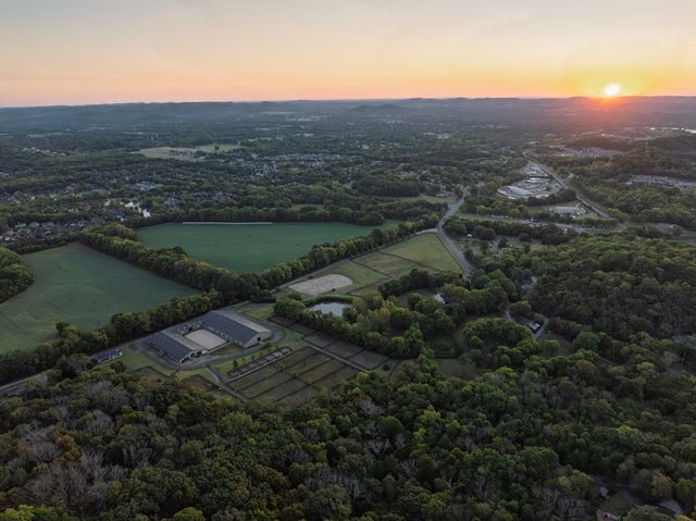 an aerial view of a house with a garden