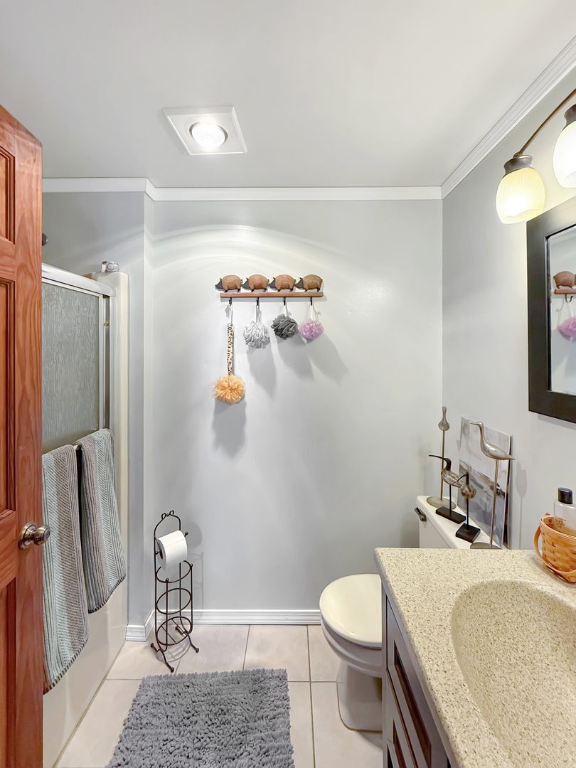 49W972 Peterson Road Maple Park, IL 60151 - Photo 13 of 38 a bathroom with a granite countertop sink a toilet and a mirror