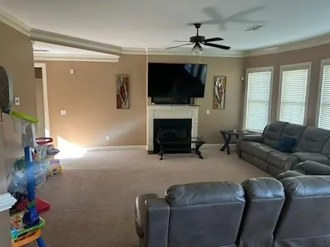 a living room with furniture a flat screen tv and a fireplace