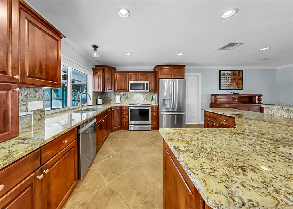 6317 Cocoa Lane Apollo Beach, FL 33572 - Photo 26 of 63 a large kitchen with kitchen island granite countertop a large counter top stainless steel appliances and cabinets