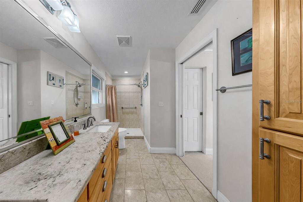 6317 Cocoa Lane Apollo Beach, FL 33572 - Photo 36 of 63 a spacious bathroom with a granite countertop sink a mirror and a shower