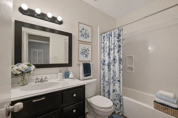 a bathroom with a sink a toilet a mirror a vanity and shower
