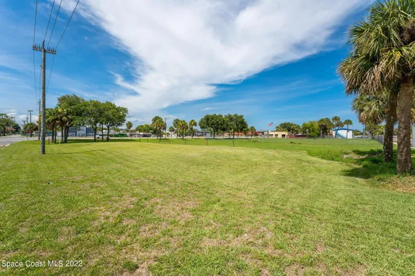 a view of a ocean with a big yard and palm trees