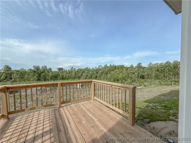 a view of a balcony with wooden floor