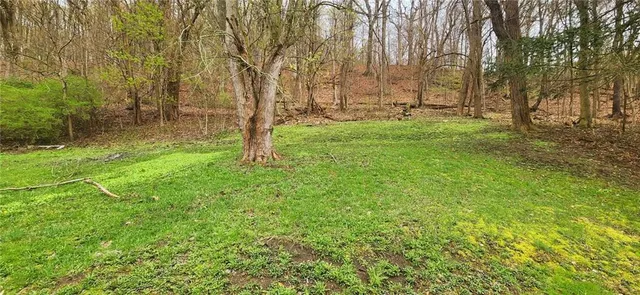 a backyard of apartments with large trees