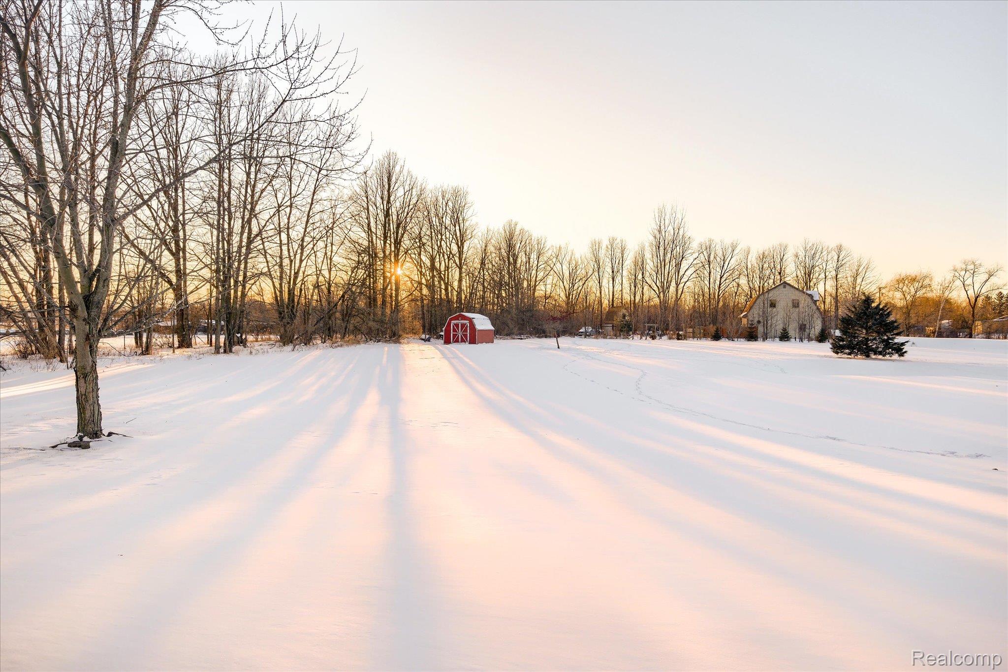 6941 North Lake Pleasant Road North Branch, MI 48461 - Photo 2 of 51 Snowy yard featuring view of wooded area and a shed