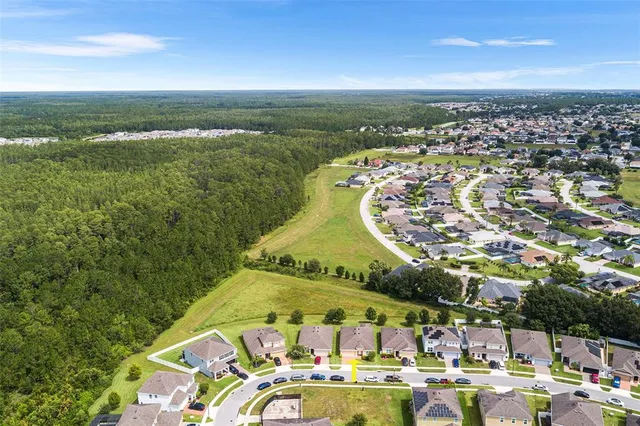 an aerial view of a house with a swimming pool