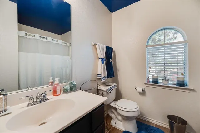 a bathroom with a sink a toilet and a mirror