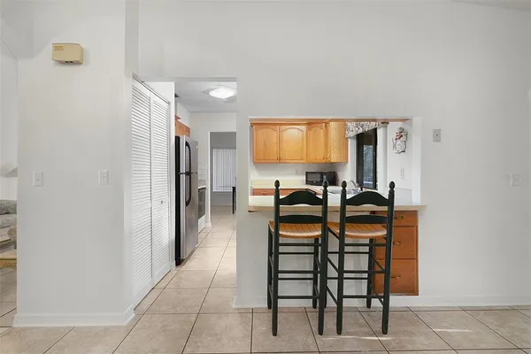 a view of a dining room with furniture