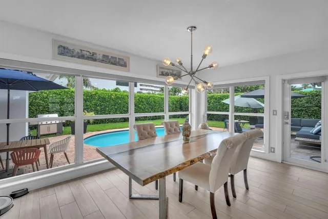 a view of a dining room with furniture large windows and wooden floor