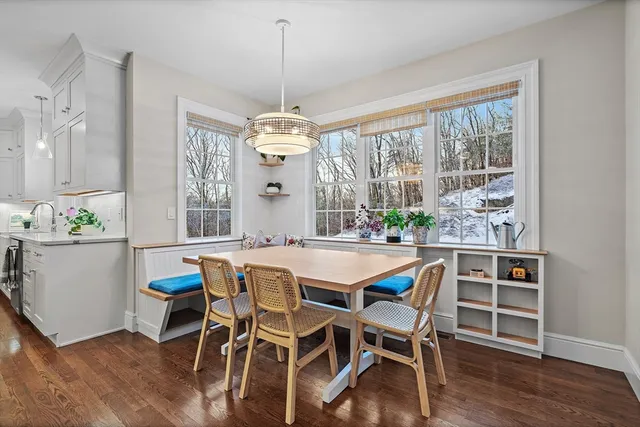 a view of a dining room with furniture window and wooden floor