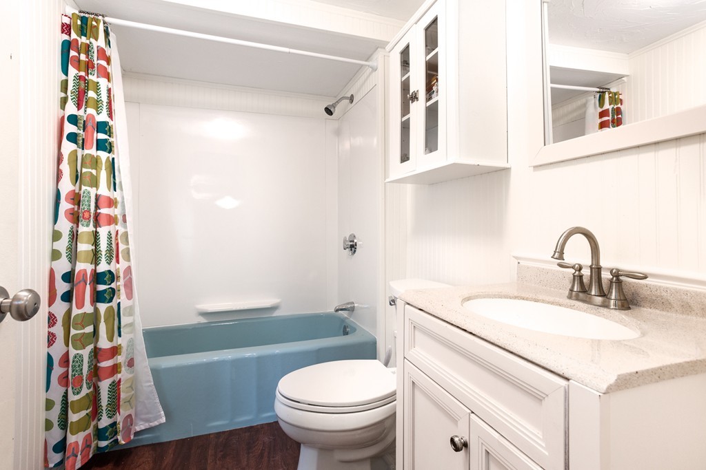 149 Lake Road Brookfield, MA 01506 - Photo 11 of 21 a bathroom with a sink a toilet and shower curtain