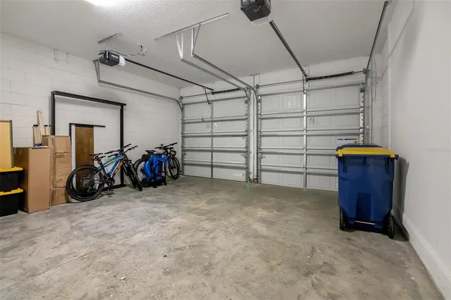 a view of a garage with storage