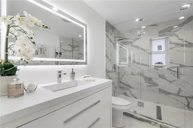 a bathroom with a double vanity sink mirror and toilet