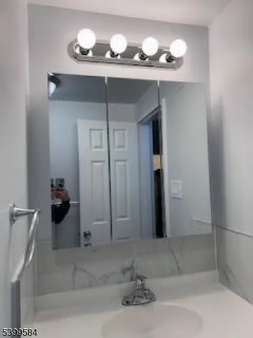a bathroom with a sink and a mirror