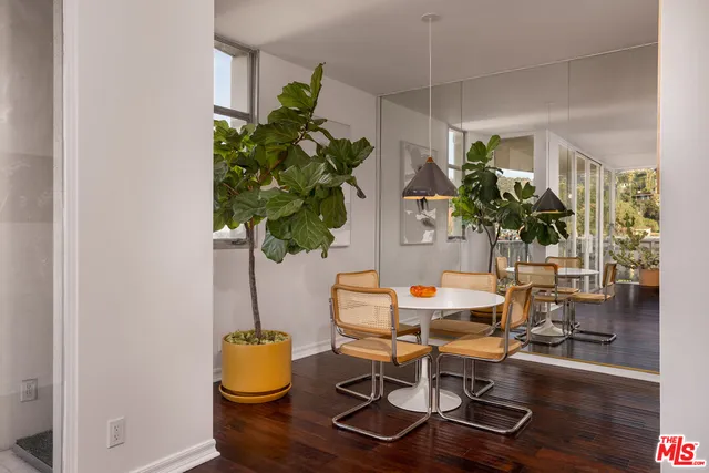 a dining room filled with furniture and a potted plant