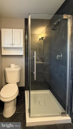 a bathroom with a toilet and a shower