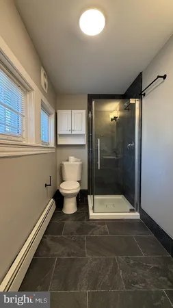 a bathroom with a shower and a toilet