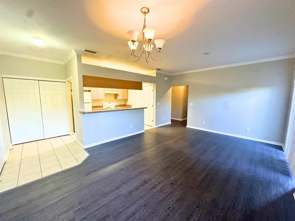 a view of an empty room with window and wooden floor