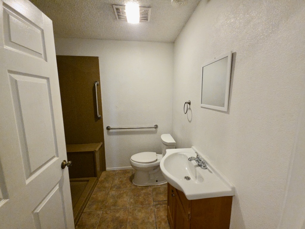 4901 Wing Road Austin, TX 78749 - Photo 23 of 28 Bathroom featuring a shower with a built-in bench, ceramic tile flooring, a single vanity with storage, a wall-mounted mirror, and a ceiling-mounted light fixture
