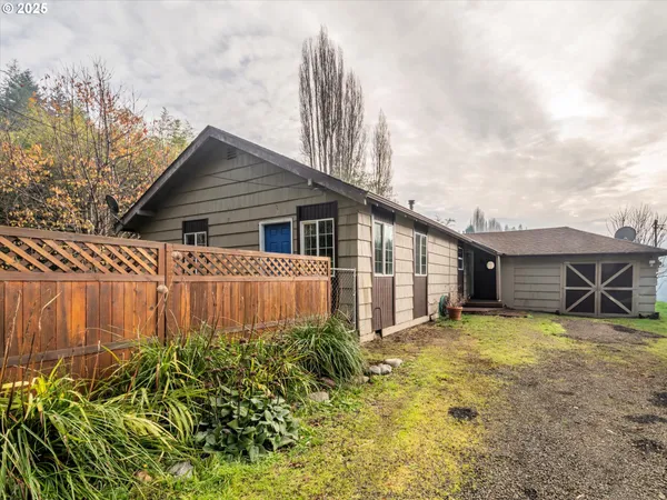 a view of a house with wooden fence