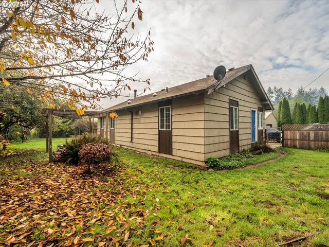 a backyard of a house with plants and large tree
