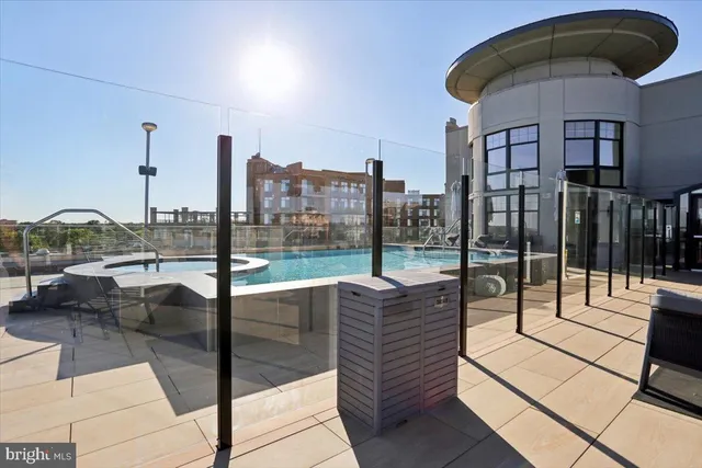 a building outdoor space with seating area