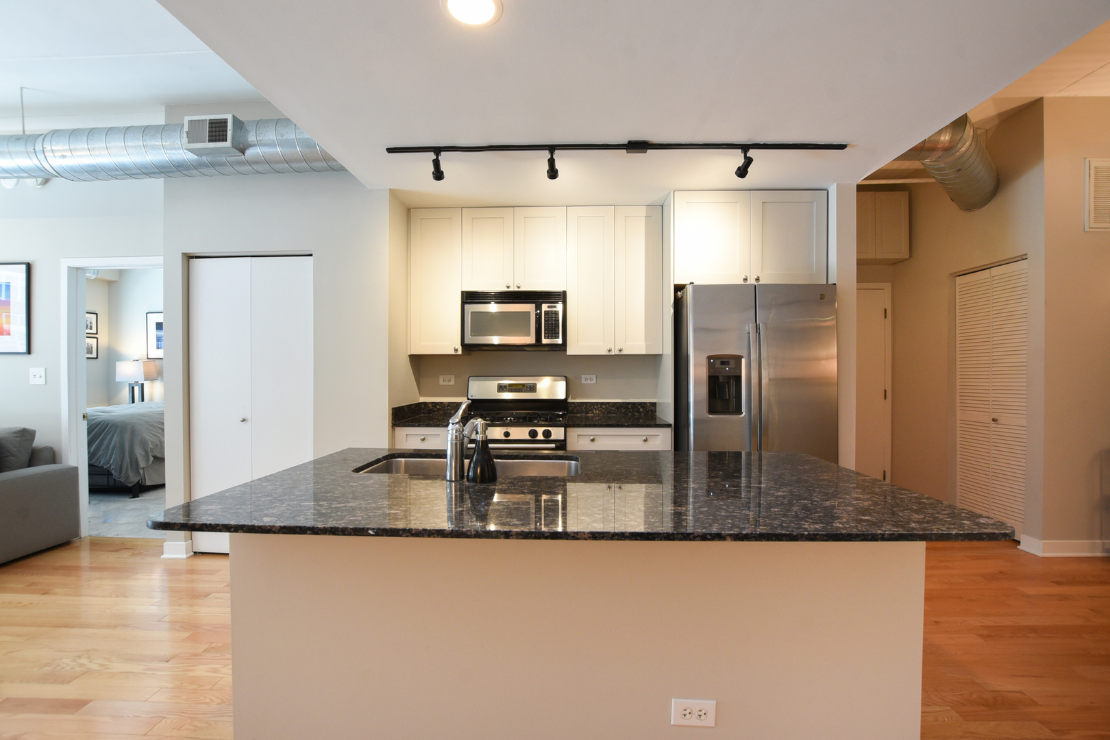 920 West Madison Street, Unit D4 Chicago, IL 60607 - Photo 13 of 34 a kitchen with granite countertop a refrigerator and a sink