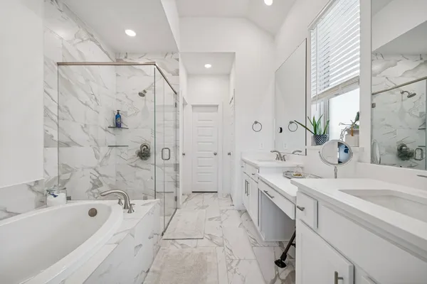 a bathroom with a tub sink shower and a mirror