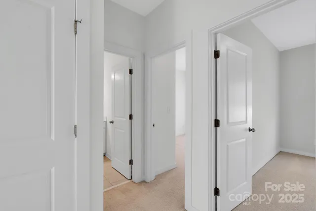 a view of a hallway with closet and door