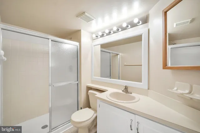 a bathroom with a sink toilet vanity and shower