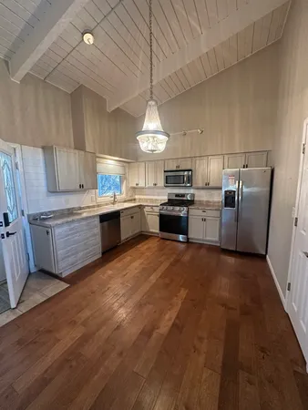 a room with a chandelier