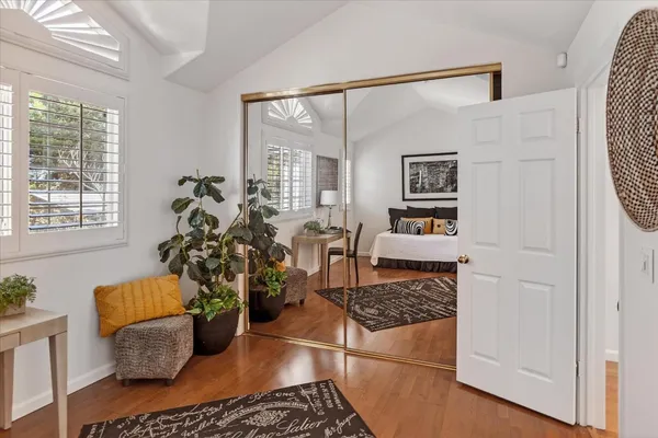 a living room with furniture and a potted plant