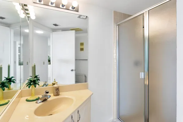 a bathroom with a sink shower and a mirror