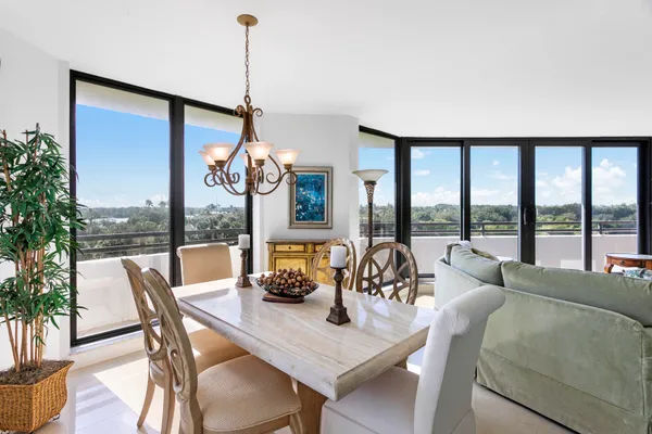 a view of a dining room with furniture window and outside view