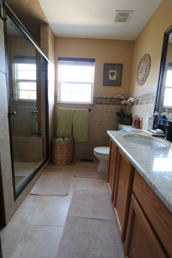 1594 Baytree Drive Romeoville, IL 60446 - Photo 16 of 32 a bathroom with a sink a mirror and a shower