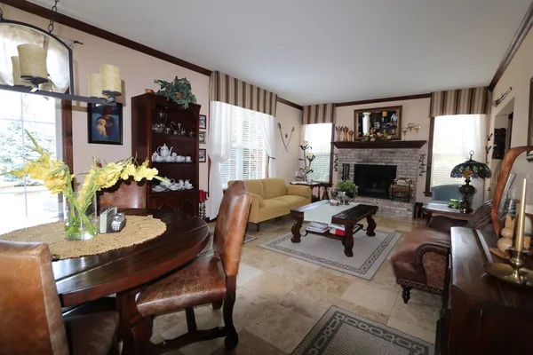 a living room with furniture rug and a fireplace