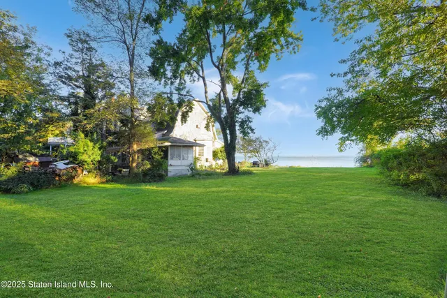 a view of a backyard with large trees