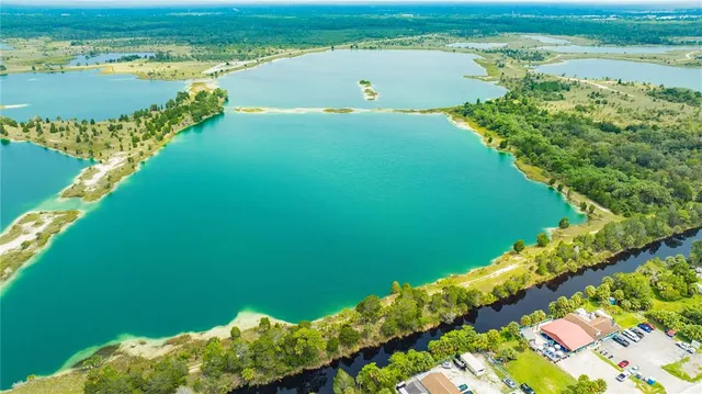a view of a lake with a beach