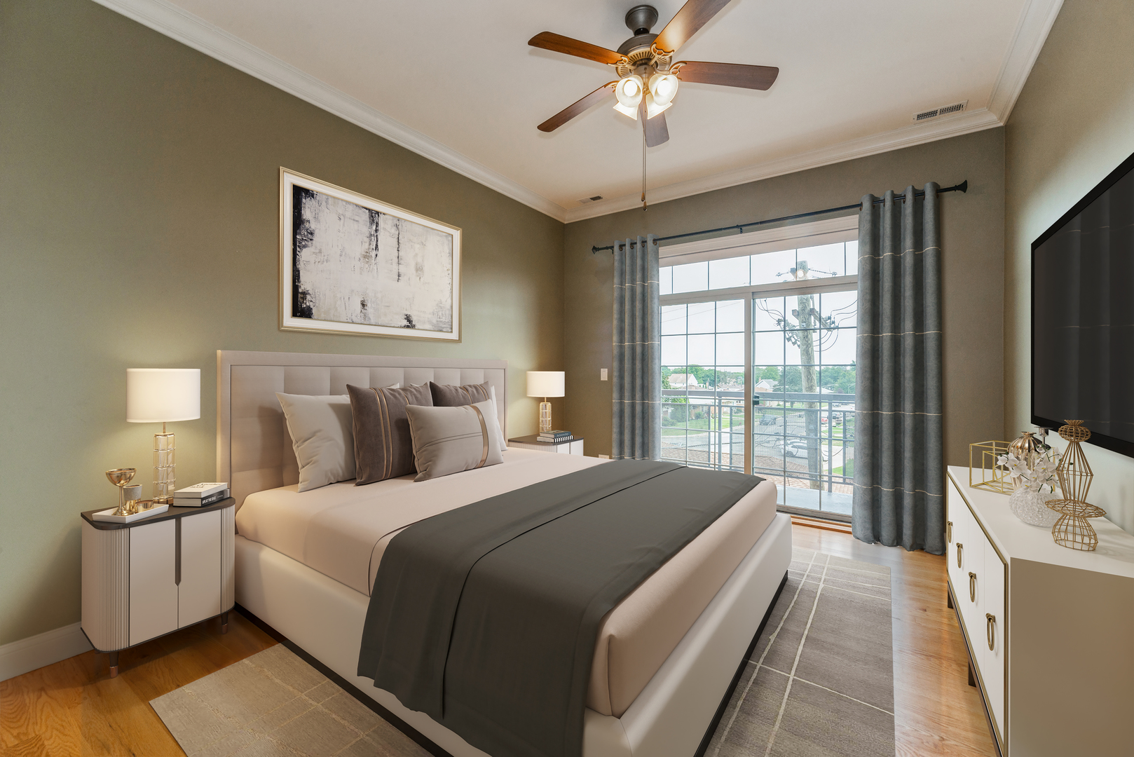 7742 West Higgins Road, Unit 301 Chicago, IL 60631 - Photo 7 of 14 a spacious bedroom with a bed and a chandelier