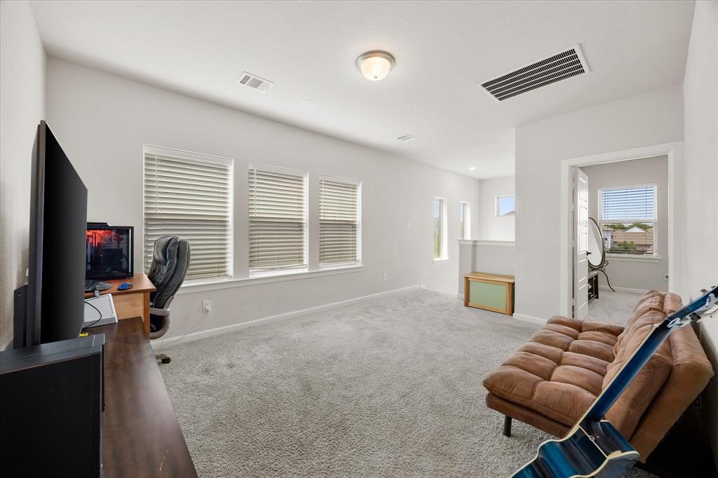 9224 Lamar Street Rowlett, TX 75089 - Photo 17 of 27 Spacious carpeted room featuring multiple windows with blinds, light gray wall paint, and a ceiling-mounted light fixture