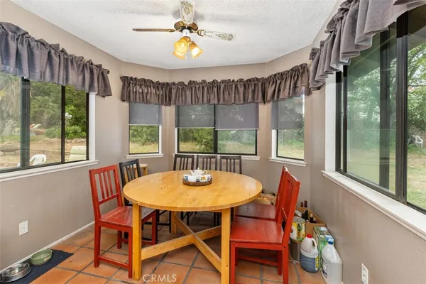 a view of a dining room with furniture window and outside view